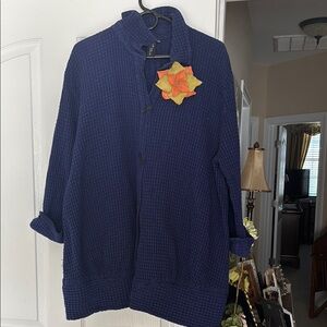 Navy Blue Textured Jacket with Orange Flower Accent